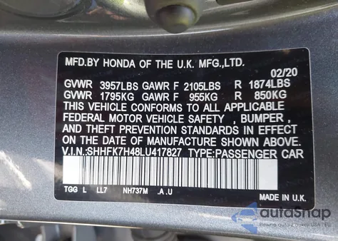 2020 Honda Civic Sport from USA, damaged, VIN SHHFK7H48LU417827